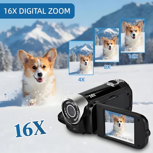 Akozon Handheld-Video-Camcorder, 1080P 16 MP DV-Kamera, 2,7-Zoll-TFT-drehbarer Bildschirm, 16-Fach Vlogging-Video für Kinder, Digitalzoom mit USB-Kabel, Schwarzer -DV-Player (Schwarz) – Bild 4
