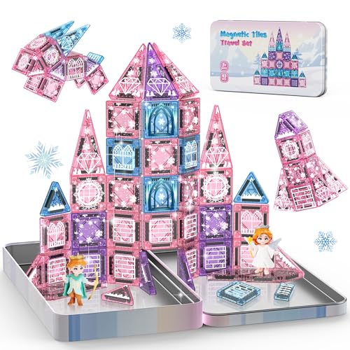 Magnetic Tiles Princess Toys Princess Castle Travel Magnetic Blocks with Metal Box & 2 Dolls Mini Magnet Tiles for Girls Pretend Play Magnet STEM Sensory Gifts for Toddlers 3-5 4-8 8-12 Years Old