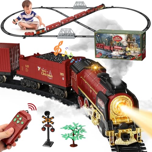 Tren Juguete para Niños, Electrico Trenes de Navidad con Vapor, Luces y Sonidos, Tren Arbol de Navidad Electrico con Control Remoto, Vagones de Carga y Carriles Mayores de 3 4 5 6 7 8 Años