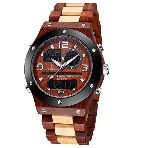 Red Sandalwood Mens Watch Dual Display Analog Digital Quartz Wooden Watches for Men's Timepieces