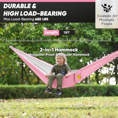 Image of Small Camping Hammock with Mosquito Net, 450 lbs Portable Hammock with Tree Straps, 2-in-1 Double /Single Travel Hammocks, Hammock for Outside /Indoor /Backpacking /Beach - Pink & White