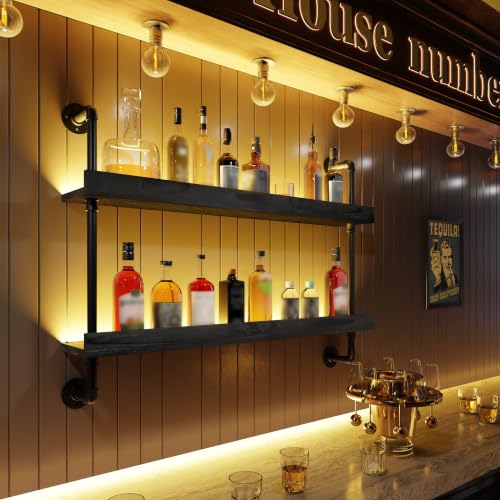 Image of Bar Shelves, Wall Mounted Wine Rack, Black, 36 Inch | 2 Tier, Industrial, Solid pine shelves, black pipe brackets, 40 lbs per shelf, wine, liquor, bar decor, with LED light