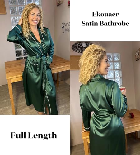 Image of Ekouaer Satin Robes for Women Long Sleeve Silk Bathrobe Soft Lightweight Full Length Sleepwear Bridesmaid Wedding Party Robes