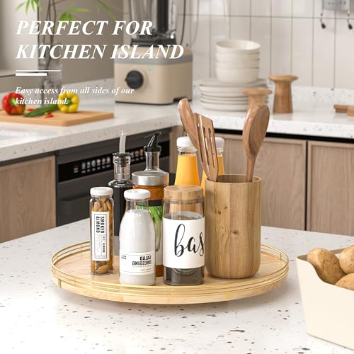 Image of 18 Inch Rustic Lazy Susan Turntable - Solid Oak & Iron Wood Rotating Tray for Dining Table, Kitchen Counter, Coffee Table - Farmhouse Style Large Wooden Lazy Susan Organizer for Home Decor