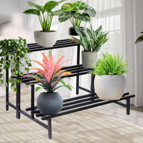 Image of Pivalo 3-Tier Rectangular Plant Stand Anti-Rust Metal Shelf Flower Pot Holder Outdoor & Indoor Planters Gamla Stands for Balcony & Living Room Home Decor (Set of 1, Black)