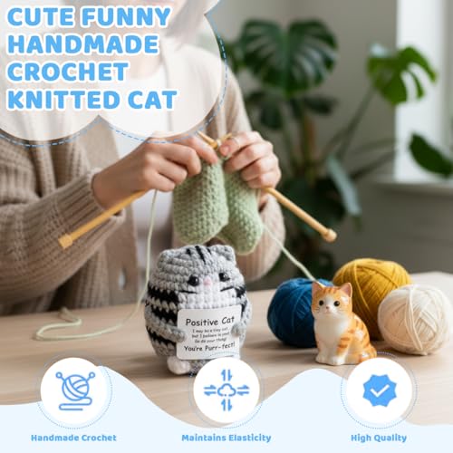 Image of Zibuyu Handmade Crochet Toys with Positive Message Card, Cute Cat Crochet Doll, A Cute and Inspiring Crochet Gifts, Ornament Suitable for Office and Home Use, Gray