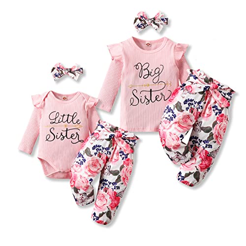 Image of Newborn Baby Girl Clothes Big Sister Little Sister Matching Outfits Infant Romper Floral Pants Toddler Girls 3Pcs