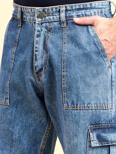 Image of STUDIO NEXX Men's Loose Fit Cargo Jeans | Non Stretchable | Cargo Denim for Men | Loose fit Cargos | Utility Pockets