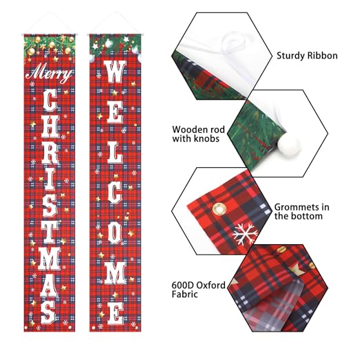 Merry Christmas Banner, Buffalo Plaid Welcome Banner - Front Porch/Door Sign for Indoor/Outdoor Wall