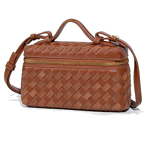 Image of Mini Woven Crossbody Purse Square Box Bags Top-Handle Tote Handbag Shoulder Bag Cute Satchels Trendy (Suede Brown)
