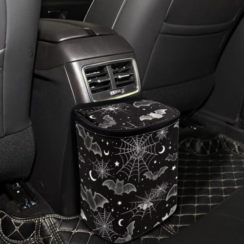 Image of Talayituse Bat Spider Web Moon Print Car Trash Can Portable Auto Garbage Bin Multifunctional Vehicle Interior Accessories with Adjustable Straps Universal Fit Truck SUV Sedan Halloween Decor