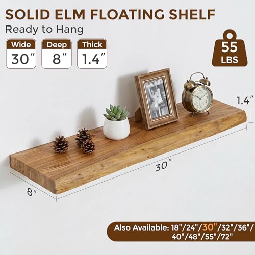 Image of Dreamland Rustic Elm Woood Floating Shelves for Wall Decor, Live Edge 30 inch W x 8 inch D Floating Shelves Set of 2, Wall Mounted Deep Wooden Shelf for Living Room, Bedroom, Kitchen, Bathroom, Natural