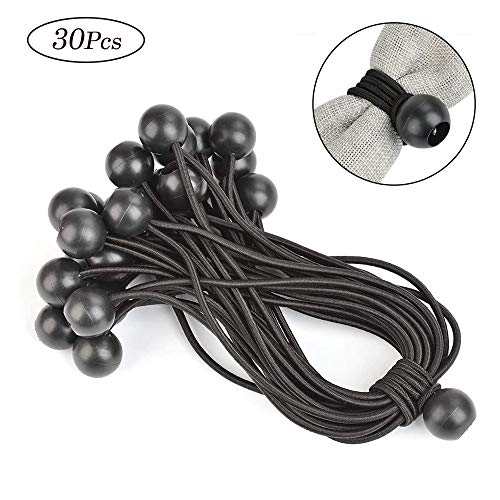 CZF ES 30 Piezas Cuerdas Elásticas con Bola, Tensor para Lonas Goma, Bolas de Bungees Negra, para Carteles para Cortinas de Jardín,Pabellones,Tiendas de Campaña