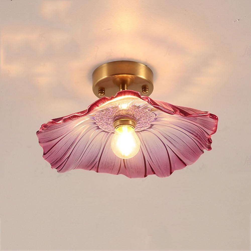 NHPJFDC Mid Century Semi Flush Mount Ceiling Light Pink Glass Flower Shade Vintage Brass Fixture for Hallway Bedroom Entryway Closet E26 Base