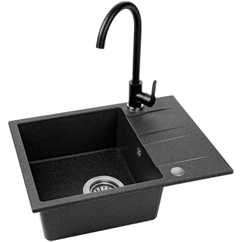 VBChome Sp lbecken mit Armatur 56 x 44 cm Schwarz Granit Einzelbecken Einbausp le Gesprenkelt Reversibel Granitsp le Siphon Waschbecken