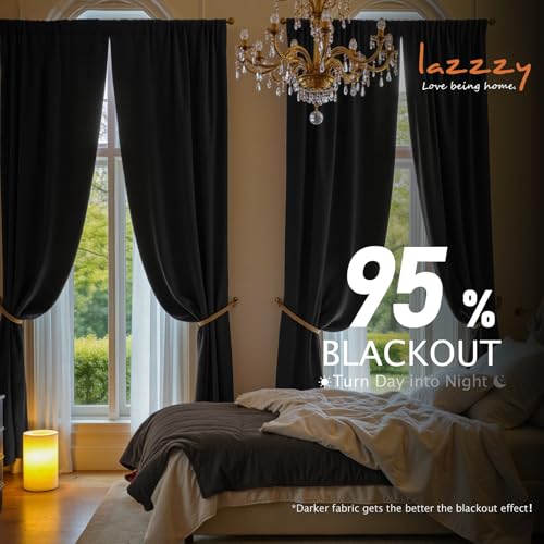 Image of Extra Long Black Velvet Curtains Rod Pocket 52x108 Inch 2 Panels | Soft Velvet, For Tall Windows & High Ceilings, Light Shifting Texture, Elegant Drape, Classic, Rod Pocket