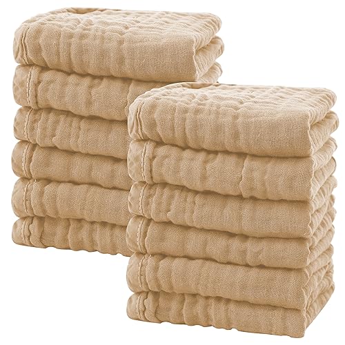 Image of SWEET DOLPHIN 12 Pack Baby Muslin Washcloths - Soft Face Cloths for Newborn, Absorbent Bath Wash Cloths, Wipes, Burp Rag - Toddlers Essentials Stuff, Baby Registry as Shower -10"x10", Brown