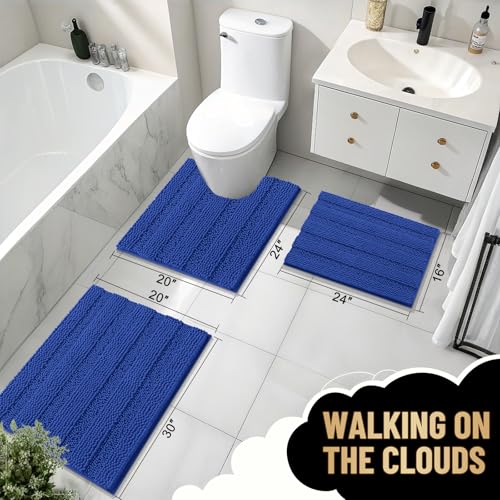 Image of OLANLY Thick Small Bathroom Rugs 24x16, Extra Soft Absorbent Chenille Striped Bath Rugs, Rubber Backing, Machine Wash, Bath Mats for Bathroom Floor, Tub and Shower, Home Decor Accessories, Royal Blue
