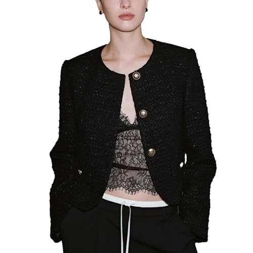 URBAN REVIVO Women's Cropped Tweed Blazer with Gold Buttons, Chic