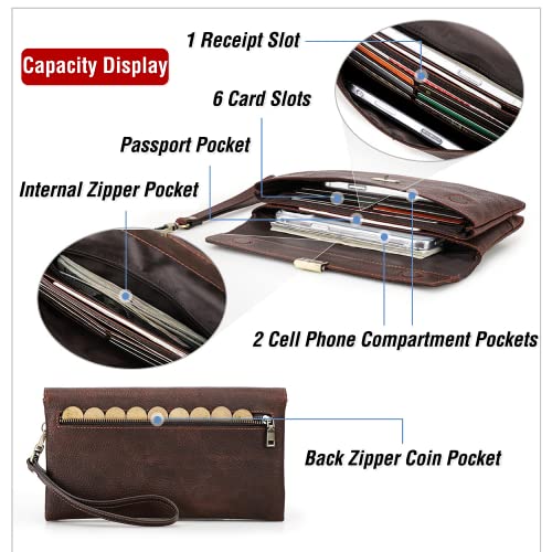 Image of Top Grain Genuine Leather Clutch Wallet with Wristlet for Man & Woman, Handmade Retro Design, Magnetic Push Lock, Multi Pockets /Slots, RFID Large Capacity for Cards /Check /Cash /Coin /Passport, Red Brown
