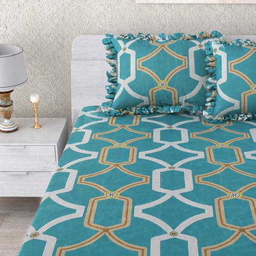 Image of VOMZER King Size (72x78) 300 TC Soft Cotton Feel Microfiber All Around Elastic Fitted Double Bedsheet with 2 Frill Pillow Covers | Aqua White