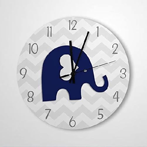 Reloj de pared de elefante azul marino y gris, reloj de madera 10 silencioso, sin tictac, de cuarzo, funciona con pilas, para sala de estar, cocina,
