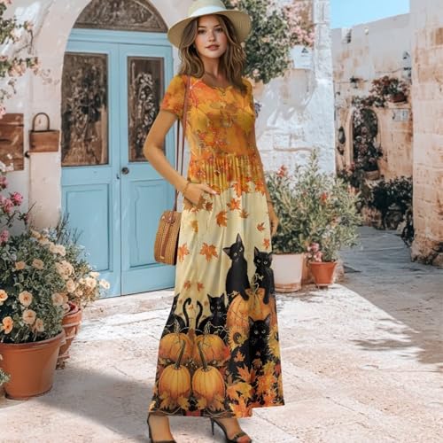 Women's Dress Crewneck Short Sleeve A-Line Dress Causal Long Sundress Summer Beach Clothes with Pockets3