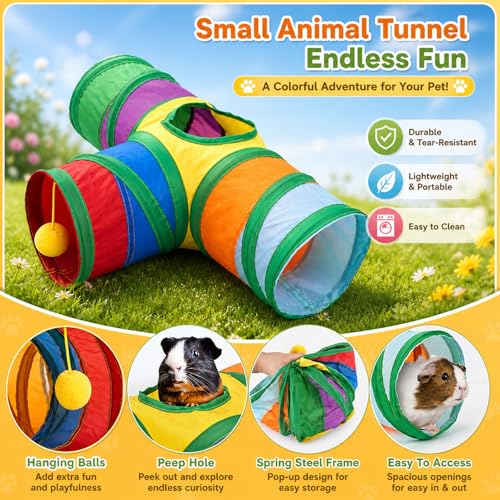 Rypet Guinea Pig Tunnel 3 Way Collapsible Small Pet Tunnels and Tubes with Interactive Ball for Baby Rabbit Ferret Hamster Chinchilla Hedgehog Hiding and Resting - Image 3