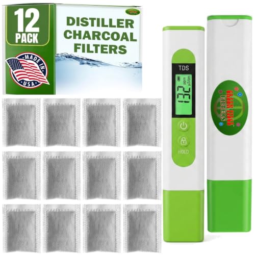 Image of Green Piece 12 Pack Water Distiller Filters with TDS Meter | Activated Charcoal Carbon Sachets, Made in USA, Compatible with Megahome & Countertop Distillers