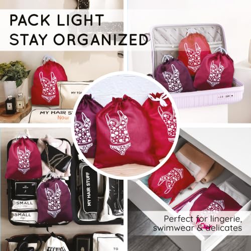 Image of Lingerie Bag for Travel Set of 3, Women Lingerie Bags with Drawstrings, Double-Layered Polyester Beach Bags for Swimwear, Underwear & Storage, 15x15 Inches (Burgundy-Crimson-Wine)