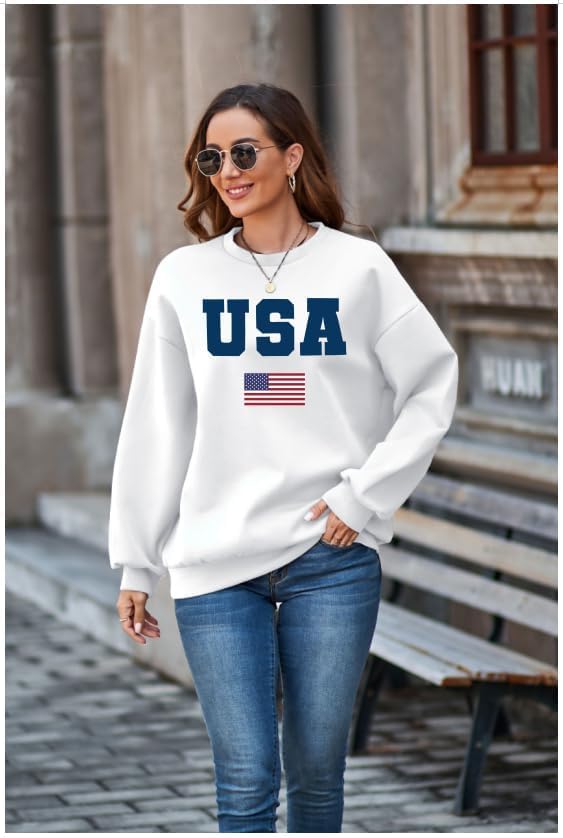 Womens USA Sweatshirt Crewneck American Flag Sweater Long Sleeve Usa Shirt Pullover 4th of July T Shirt Outfits - Image 2
