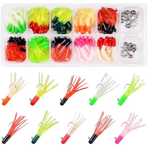 OROOTL Crappie Jigs Fishing Lures Kit Soft Grub Lures with Jig Heads Hooks Set Tube Bait Jigs Soft Fishing Lures Worm Baits Assortment for Crappie Bass Trout Panfish Saltwater Freshwater Fishing Cover