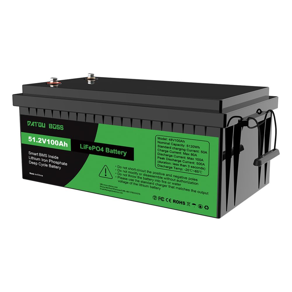 DATOUBOSS Batterie Lithium 48V 100Ah LiFePO4,BMS intégré 100A,15000+Cycles Cycle Profond Batterie Lithium,Max 5120W Puissance supportée en série/parallèle,Parfait pour Solaire, Off-Grid