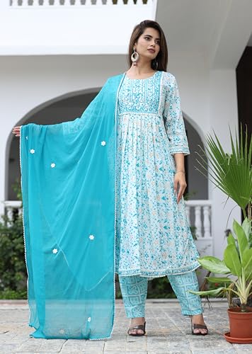 Image of Women's Stylish Rayon Nayra Cut Kurta Embroidered Work and Round Neck 3 /4 Sleeve with Pant Dupatta Set