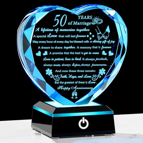50th Wedding Anniversary Crystal Gifts for Couples Parents with Colorful LED Base Heart Romantic...