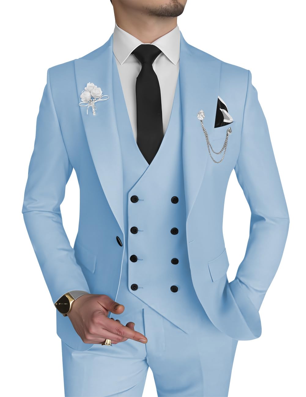 Wangyue Men’s 2 Piece Suit, Slim Fit, Double Breasted Blazer and Pants for Wedding, Groom, Smoking Peak Tuxedo Lapels