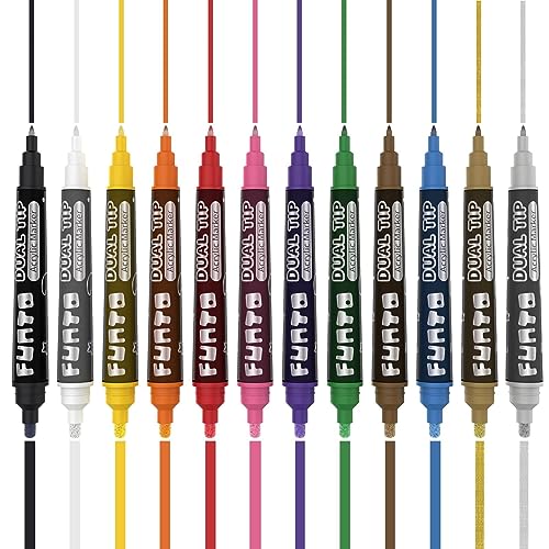 Image of Funto Dual Tip Acrylic Paint Markers, Paint Pens for Rock Painting, Wood, Canvas, Ceramic, Fabric, 12 Colors, Quick Drying, Non-Toxic, Arts and Crafts