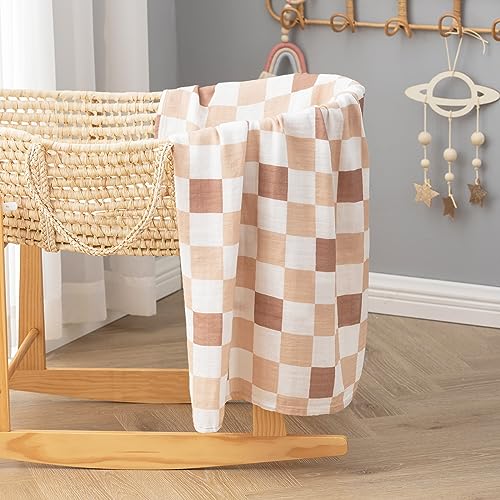 Image of BabyWhale Muslin Swaddle Blanket with Hat and Headband Bow, Checkered Pattern Swaddle Set for Baby Boys ＆ Girls, Unisex Newborn Soft Receiving Swaddle Wrap, 47x47 inches