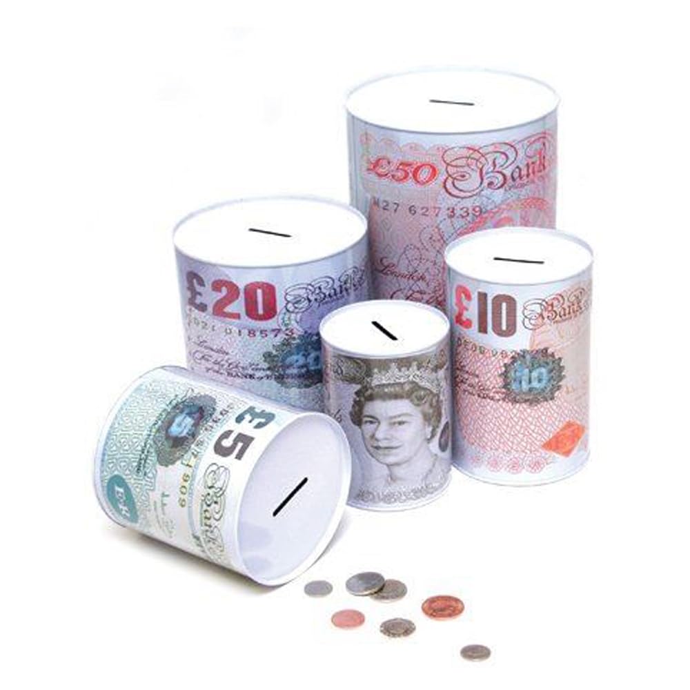 Sterling Pound Note Design Money Savings Tin Box Piggy Bank 15cm x 10cm Money Savings Tin Box Piggy Bank Money Pot Tinplate Saving Money Box £5 £10 £50 £20 Size.