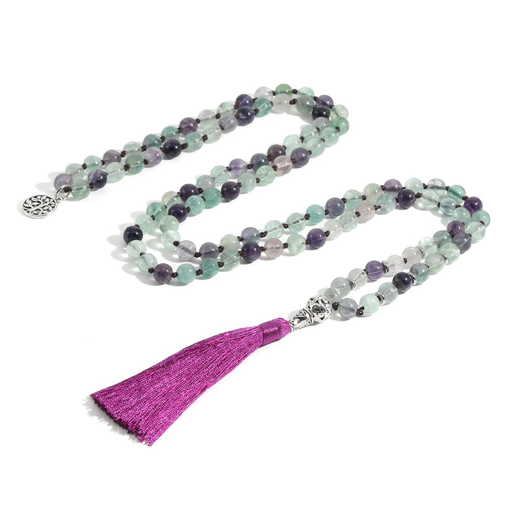 Generisch 108 Mala-Perlen-Knotenkette für Damen,Natürliches Buntes Fluorit-Armband,Lange Halskette Mit Quaste und Lebensbaum-Anhänger,Gebet,Spirituelle Meditation,Schmuck,Geschenke