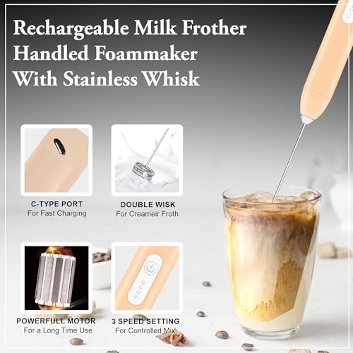 Image of GLUN Portable Coffee Frother Vibe Peach Colour 1 Piece, Type-C Port Rechargeable Handheld Milk Frother with 2-Layer Detachable Steel Whisk, Fast Foam Maker for Latte, Cappuccino & Coffee