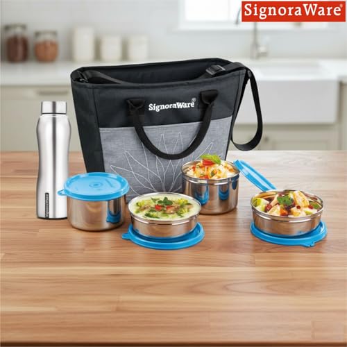 Image of SignoraWare Office Stainless Steel Lunch Box with Bottle | Airtight & Leakproof | Durable | Perfect for Office, School & Outdoor Use (500mlx2 + 380mlx2 + 750ml | Setof5 | TBlue)