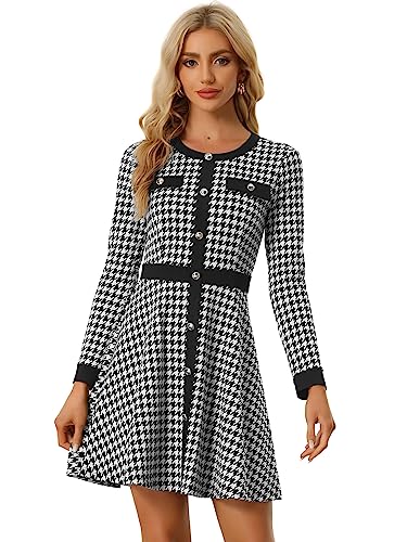 Allegra K Damenkleid mit Hahnentrittmuster, kariert, Kontrastfarbe, Rundhalsausschnitt, Knopfleiste vorne, Elegantes A-Linien-Kleid, Schwarz, Klein