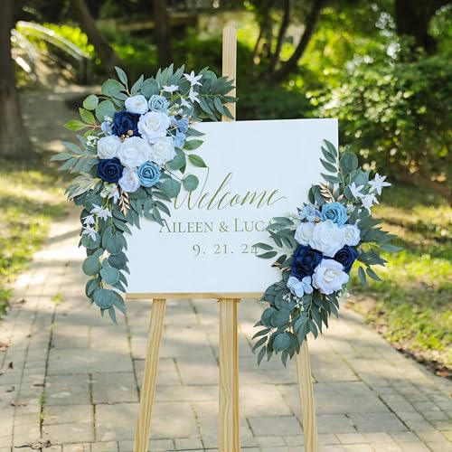 Artificial Dusty Blue Wedding Arch Flower Swags Set of 2 for Welcome Signs Floral and Wedding Reception Ceremony Decorations, White Flowers Decor - Image 3