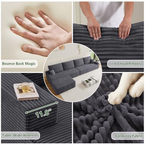 Image of Oversized Modular Sectional Sofa Couch,Large 5 Seater Corner Sofa Modern U Shaped Sectional Couch with Ottoman Cloud Couches for Living Room,Office,Spacious Space,Corduroy,No Assembly,Dark Grey