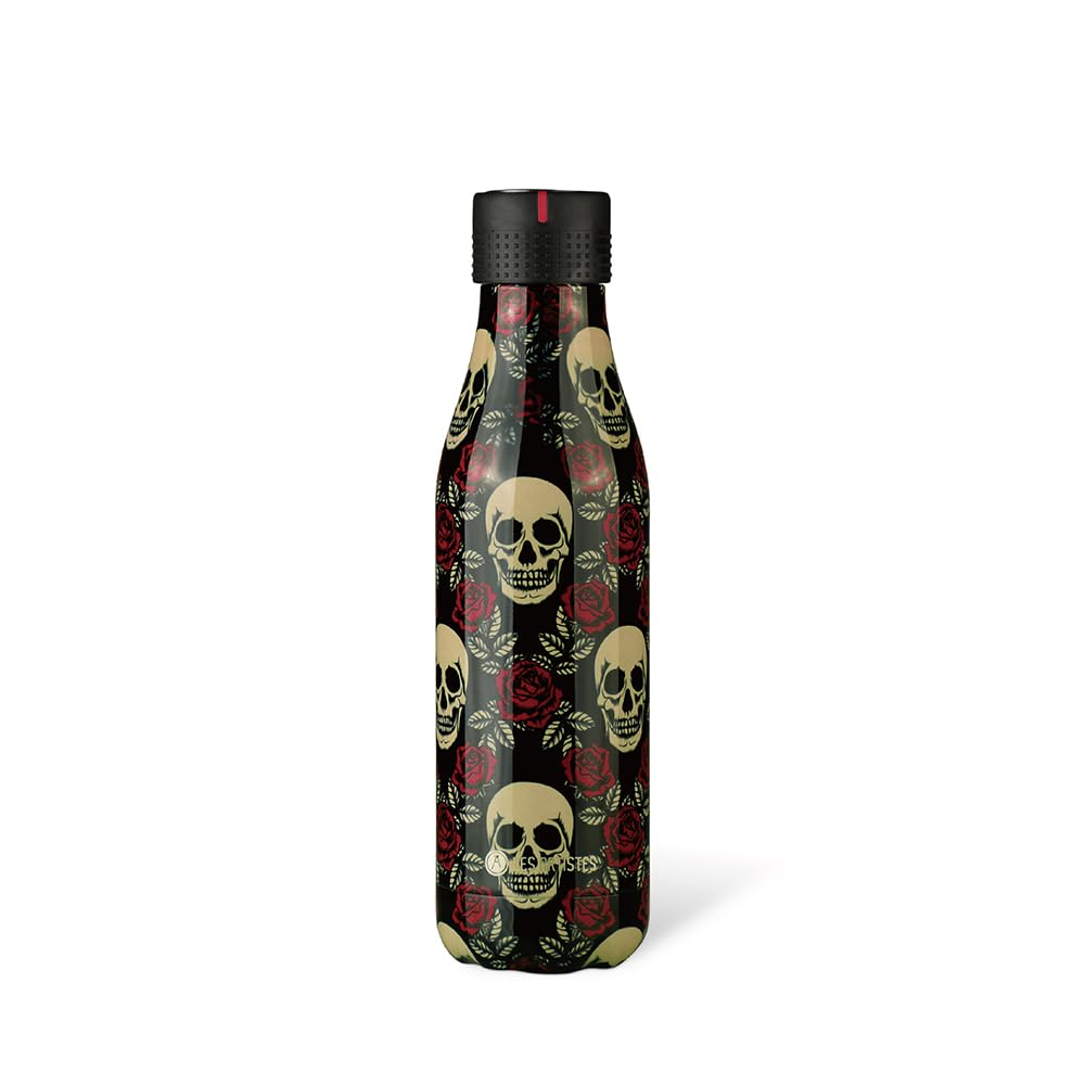 LES ARTISTES Paris A-​8133 Bottle'Up, 500 ml, Gourde isotherme sans BPA, Réutilisable, Garde au chaud 12h et au froid 24h, Acier Inoxydable, Design Rose & Skull