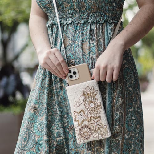 Bamboo Trading BTC Beaded Phone Crossbody Bag, Sea Life Starfish Design, 4x7.5 inches, Ivory and Gold, Adjustable Strap2
