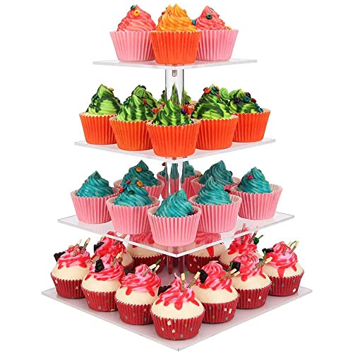 Cupcake-Ständer, Acryl, 4 Etagen, quadratisch, für Hochzeit, Geburtstag, Feiertage, Cady-Bar, Party-Dekoration, transparent Cover