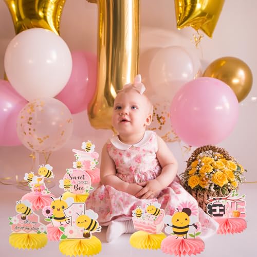 Image of 9pcs Happy 1st Bee Day Honeycomb Centerpieces Bumble Bee First Birthday Party Table Decorations Pink It's My 1st Bee Day Table Centerpiece for Girl Baby Shower Sweet as can Bee Table Topper Sign Decor