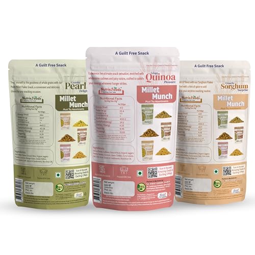 Image of Nutriefoods Millet Munch Snack, 100% Roasted Millets & Guilt Free Snack, Nutritious Munch, Bajra, Jawar, Ragi, Qquinoa, Foxtail Snack (Pearl, Quinoa and Sorghum (Pack of 3), 300gm)